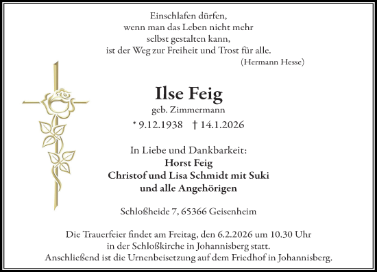 Traueranzeige von Ilse Feig von Wiesbadener Kurier