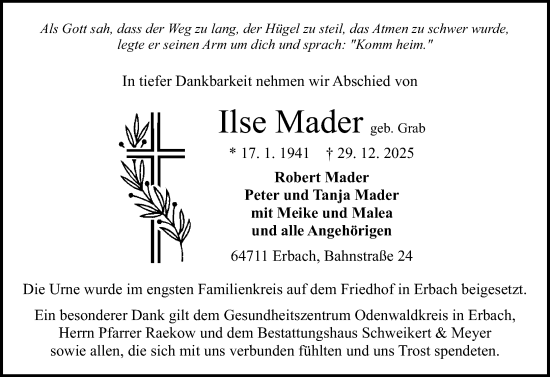 Traueranzeige von Ilse Mader von Odenwälder Echo
