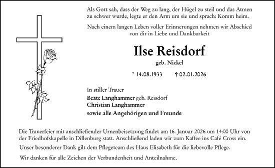 Traueranzeige von Ilse Reisdorf von Dill Block