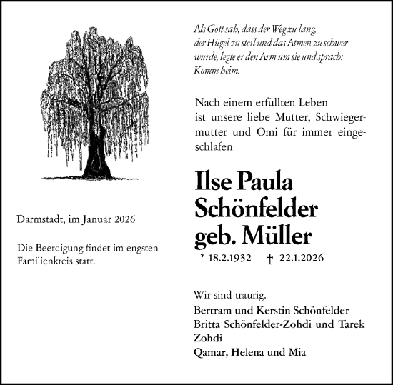 Traueranzeige von Ilse Paula Schönfelder von Darmstädter Echo