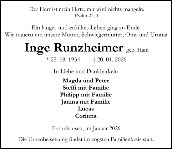Traueranzeige von Inge Runzheimer von Dill Block