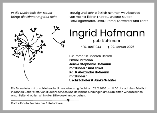 Traueranzeige von Ingrid Hofmann von Wetzlarer Neue Zeitung