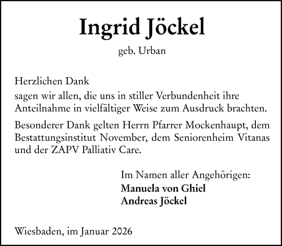 Traueranzeige von Ingrid Jöckel von Wiesbadener Kurier