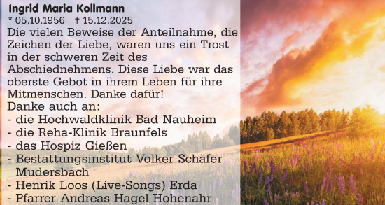 Traueranzeige von Ingrid Maria Kollmann von Wetzlarer Neue Zeitung