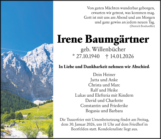 Traueranzeige von Irene Baumgärtner von Odenwälder Echo