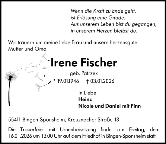 Traueranzeige von Irene Fischer von Binger-/Ingelheimer Wochenblatt