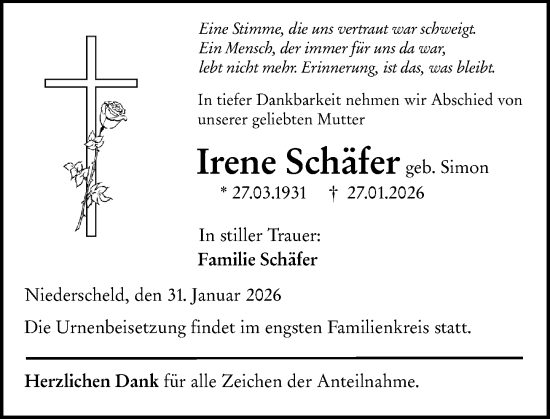 Traueranzeige von Irene Schäfer von Dill Block