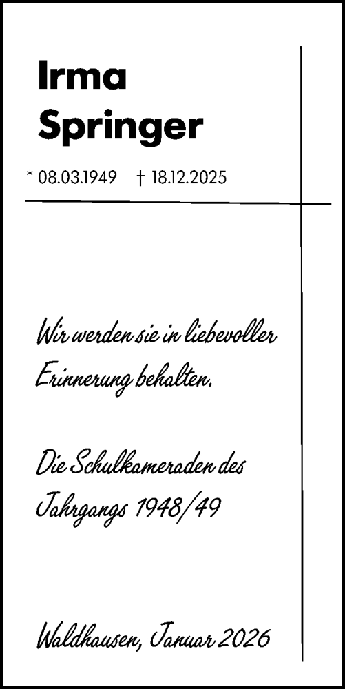 Traueranzeige von Irma Springer von Weilburger Tageblatt