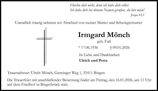 Traueranzeige von Irmgard Mönch von Allgemeine Zeitung Rheinhessen-Nahe