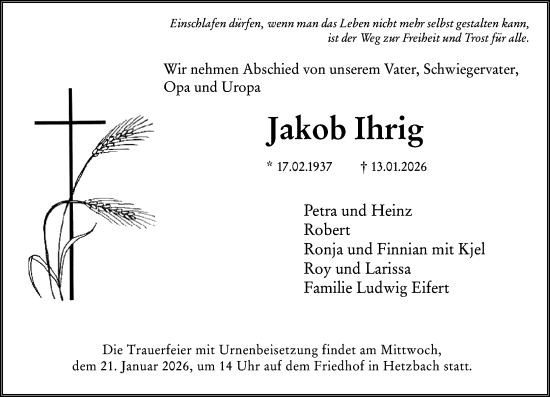 Traueranzeige von Jakob Ihrig von Odenwälder Echo