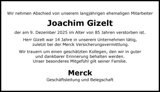 Traueranzeige von Joachim Gizelt von Darmstädter Echo