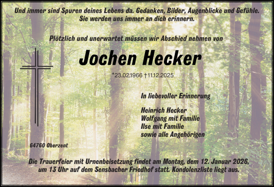 Traueranzeige von Jochen Hecker von Odenwälder Echo