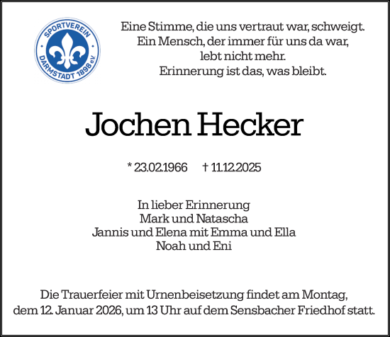 Traueranzeige von Jochen Hecker von Odenwälder Echo