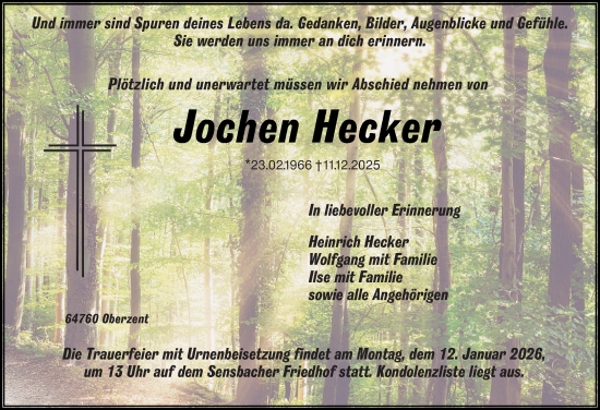 Traueranzeige von Jochen Hecker von Odenwälder Echo