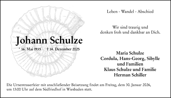 Traueranzeige von Johann Schulze von Wiesbadener Kurier