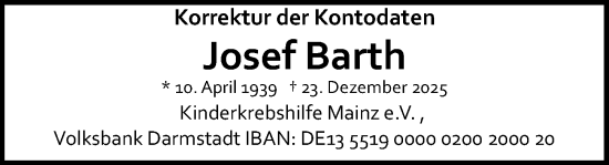 Traueranzeige von Josef Barth von Allgemeine Zeitung Mainz