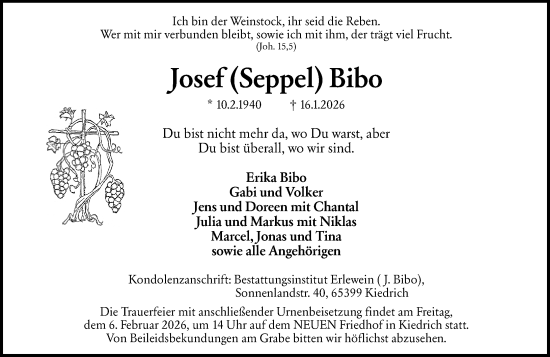 Traueranzeige von Josef Bibo von Wiesbadener Kurier