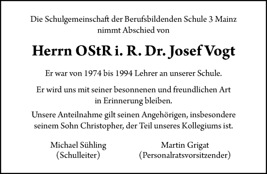 Traueranzeige von Josef Vogt von Allgemeine Zeitung Mainz