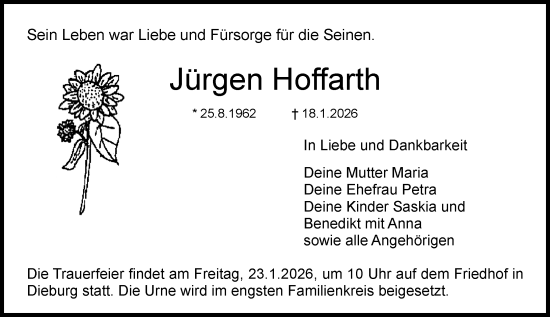 Traueranzeige von Jürgen Hoffarth von Dieburger Anzeiger/Groß-Zimmerner Lokal-Anzeiger