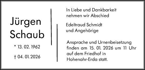 Traueranzeige von Jürgen Schaub von Wetzlarer Neue Zeitung