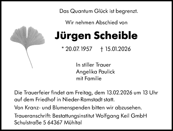 Traueranzeige von Jürgen Scheible von Darmstädter Echo