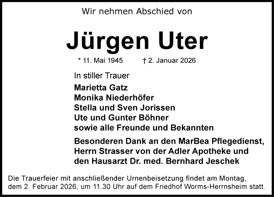 Traueranzeige von Jürgen Uter von Wormser Zeitung