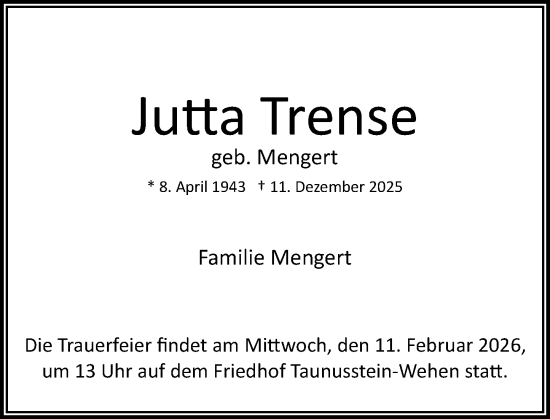 Traueranzeige von Jutta Trense von Wiesbadener Kurier
