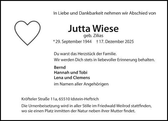 Traueranzeige von Jutta Wiese von Idsteiner Land/Untertaunus