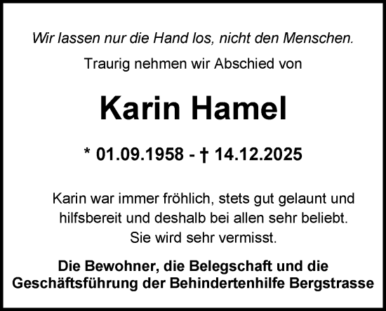 Traueranzeige von Karin Hamel von Starkenburger Echo