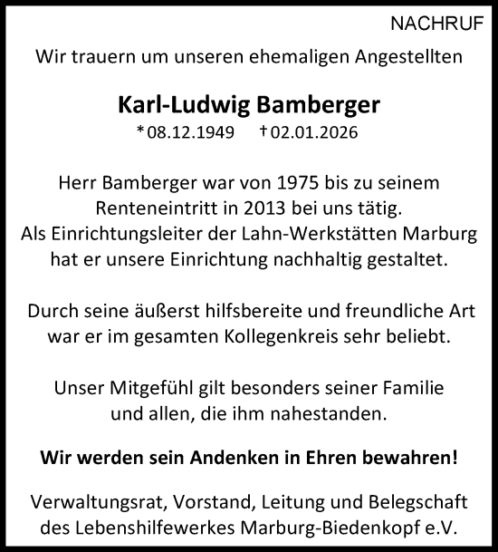 Traueranzeige von Karl-Ludwig Bamberger von Hinterländer Anzeiger