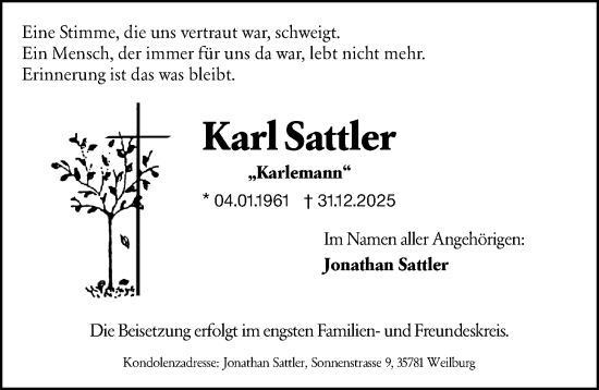 Traueranzeige von Karl Sattler von Weilburger Tageblatt