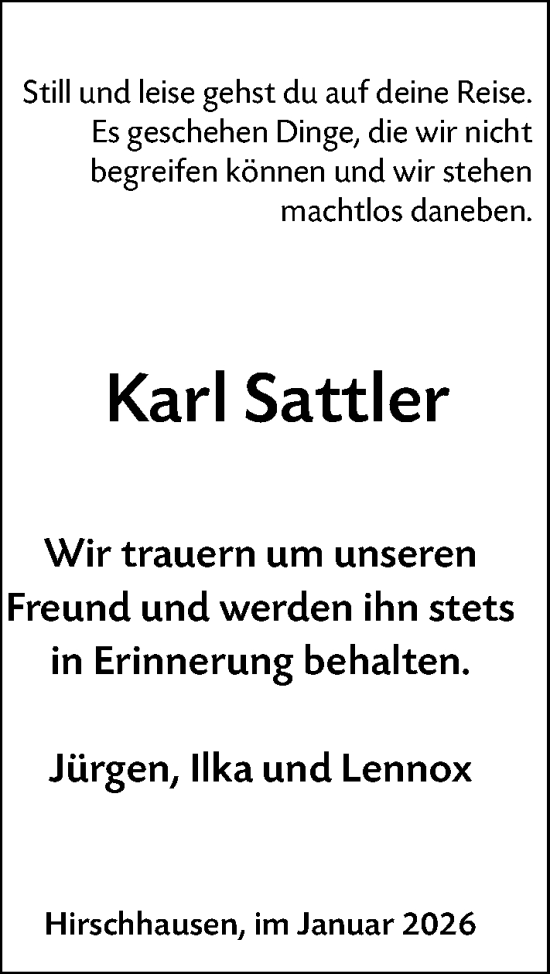 Traueranzeige von Karl Sattler von Weilburger Tageblatt