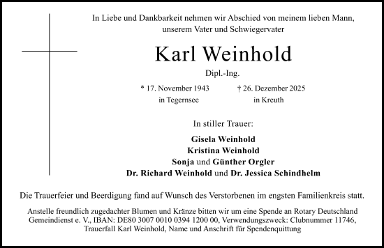 Traueranzeige von Karl Weinhold von Weilburger Tageblatt