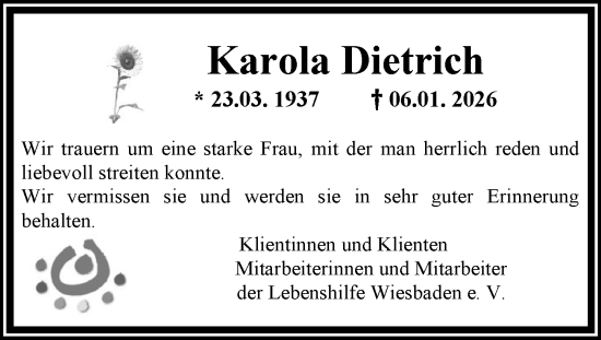 Traueranzeige von Karola Dietrich von Wiesbadener Kurier