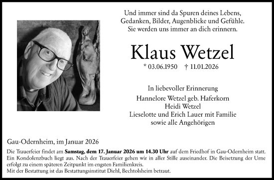 Traueranzeige von Klaus Wetzel von Allgemeine Zeitung Alzey