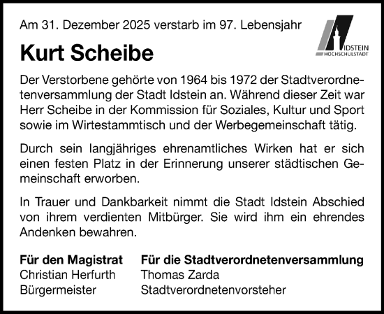 Traueranzeige von Kurt Scheibe von Idsteiner Land/Untertaunus