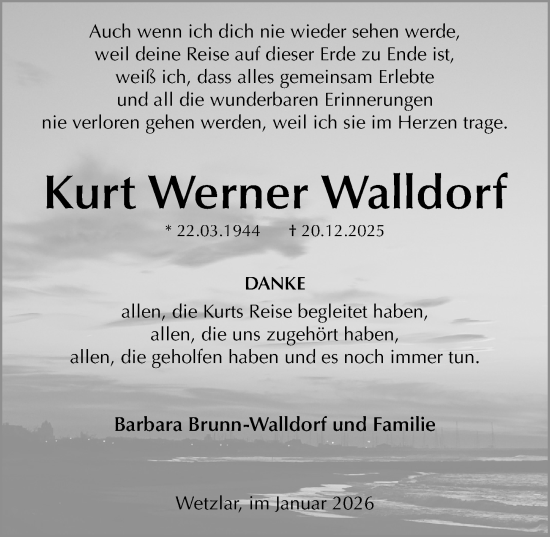 Traueranzeige von Kurt Werner Walldorf von Wetzlarer Neue Zeitung