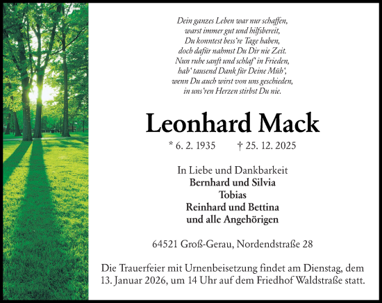 Traueranzeige von Leonhard Mack von Groß-Gerauer Echo