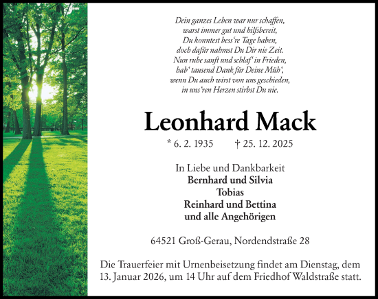 Traueranzeige von Leonhard Mack von Groß-Gerauer Echo