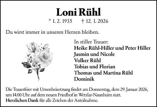 Traueranzeige von Loni Rühl von Wetzlarer Neue Zeitung