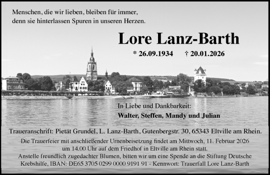 Traueranzeige von Lore Lanz-Barth von Wiesbadener Kurier