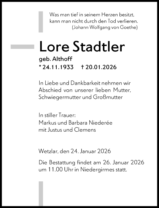 Traueranzeige von Lore Stadtler von Wetzlarer Neue Zeitung