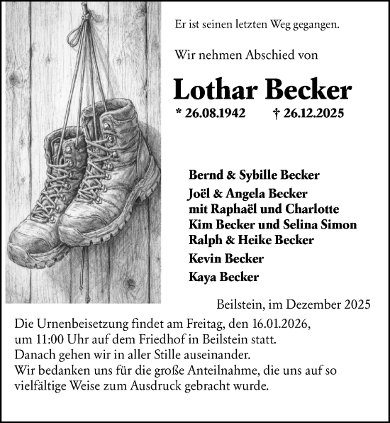 Traueranzeige von Lothar Becker von Dill Block