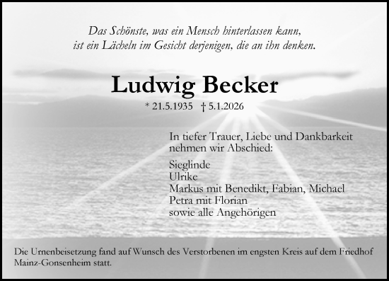 Traueranzeige von Ludwig Becker von Allgemeine Zeitung Mainz