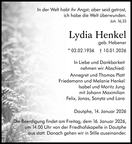 Traueranzeige von Lydia Henkel von Hinterländer Anzeiger