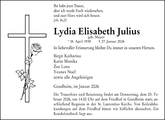 Traueranzeige von Lydia Elisabeth Julius von Wormser Zeitung