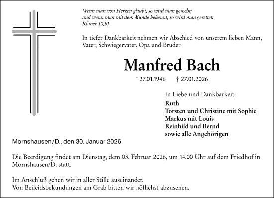 Traueranzeige von Manfred Bach von Hinterländer Anzeiger