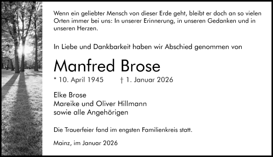 Traueranzeige von Manfred Brose von Allgemeine Zeitung Mainz