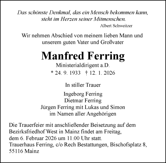 Traueranzeige von Manfred Ferring von Allgemeine Zeitung Mainz