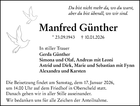 Traueranzeige von Manfred Günther von Dill Block